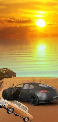 Get swept away into a picturesque tropical paradise with this eye-catching phone live wallpaper featuring two sleek black cars parked right on the sandy beach