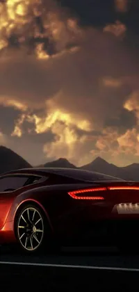 This live wallpaper showcases a stylish red sports car parked beside a road with a sunset view