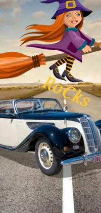 This live wallpaper features a captivating scene with a cartoon witch soaring over a car on a winding road