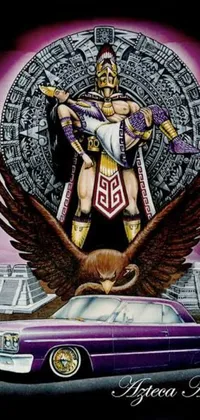 This vibrant phone live wallpaper features a purple car with an eagle perched on top and an Aztec warrior with a jaguar mask, designed in a modern and sophisticated style