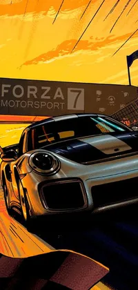 This phone live wallpaper features a sleek sports car racing along a vibrant track at sunset