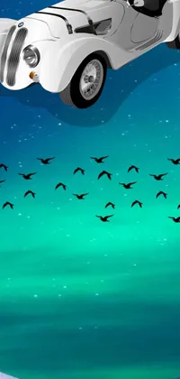 This phone live wallpaper features a beautiful white car surrounded by flying birds in a stunning digital art background