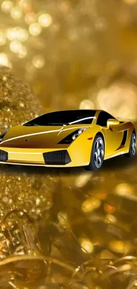 This striking live wallpaper features a yellow sports car atop a pile of gold coins, set against a baroque marble and gold backdrop in space