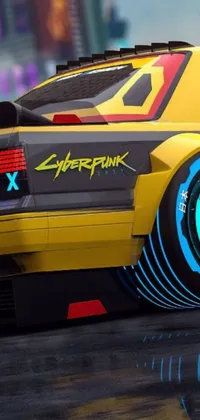 This phone live wallpaper features striking cyberpunk art of a yellow car on a city street