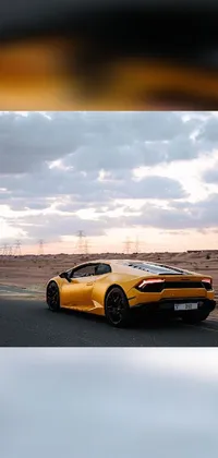 This live wallpaper features a stunning yellow sports car parked on the roadside in front of a vibrant cityscape