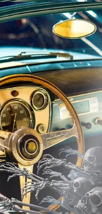 This phone wallpaper showcases a close-up view of a vintage car's steering wheel and dashboard in a retro futuristic design