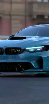 This captivating live wallpaper depicts a blue sports car speeding through a busy city