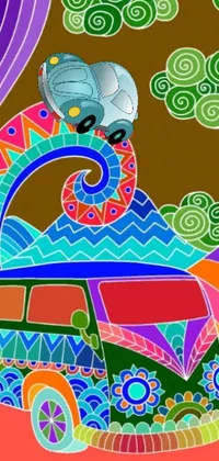 This phone wallpaper features a playful digital art design that displays an elephant sitting comfortably on top of a car