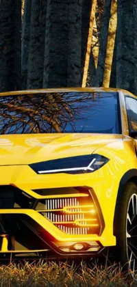 This phone live wallpaper features a yellow sports car parked in a forest, showcasing sleek Lamborghini style