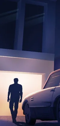 This live wallpaper features a concept art-style image of a man standing near a car in a dimly lit street at either night or dawn