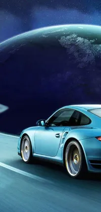 Get ready for a thrilling mobile wallpaper experience featuring a blue sports car driving through scenic vistas! This phone wallpaper showcases a Porsche 911 Turbo speeding down a winding road, trailed by beams of light for added effect