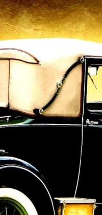 This phone live wallpaper features a beautiful digital rendering of a vintage black car parked on the side of the road