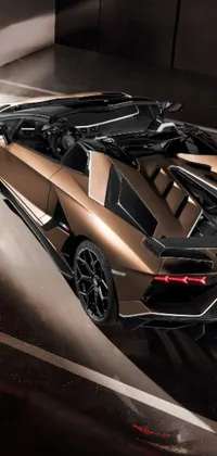 Looking for a dynamic live wallpaper for your phone? Check out this stunning sports car parked in a garage, featuring a bold Lamborghini-style design with a mix of brown and black tones