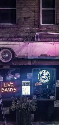 This mobile phone live wallpaper features a captivating and artistic depiction of a vintage car parked in front of a building