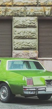 Looking for a phone live wallpaper that adds a retro flair to your screen? Check out this photorealistic design featuring a lime green car parked in front of an old stone building