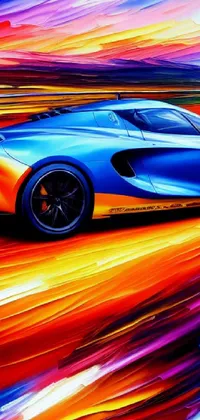 This phone live wallpaper showcases a vibrant and colorful painting of a sports car against a digital rendering backdrop