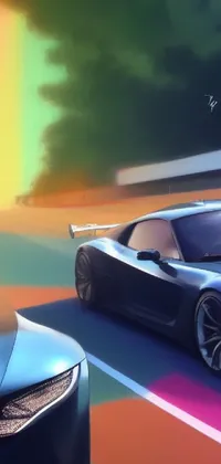 This phone live wallpaper showcases a thrilling image of two cars racing down a long stretch of road