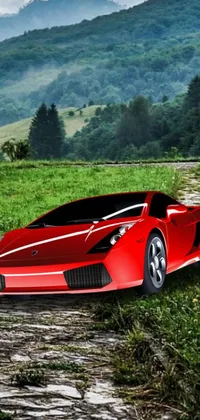 This live wallpaper features a stunning red sports car on a lush green field