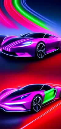 This dynamic phone wallpaper showcases a sleek pink and green sports car speeding along a race track