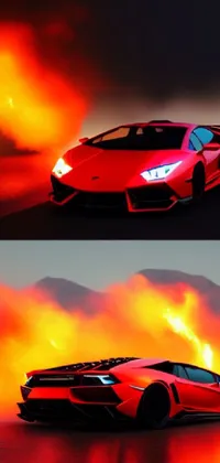 This lively phone wallpaper features a low poly rendered red sports car with flames streaming from its exhaust