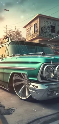Get a striking new phone wallpaper with a green lowrider car parked in Long Beach by Mark Arian