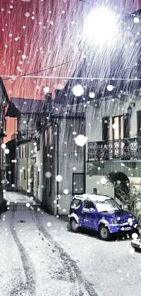This live phone wallpaper features a hyperrealistic portrait, parked cars in a snowy alpine landscape, and late-night rain
