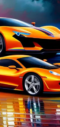 This live wallpaper features two orange sports cars on a wet surface