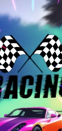 Get your adrenaline pumping with this amazing phone live wallpaper featuring a racing car speeding down a dynamic race track, complete with a waving checkered flag