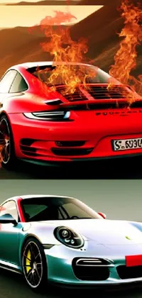 This 4K live wallpaper for your phone depicts fiery Porsche 911 cars, each painted a different bold color