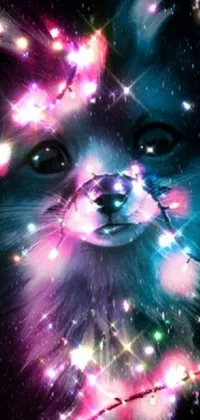 This live phone wallpaper features a close-up image of a Pomeranian mix dog surrounded by digital art and sparkling lights