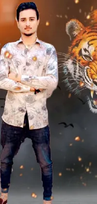 This phone live wallpaper features a gorgeous digital art piece of a man standing in front of a tiger