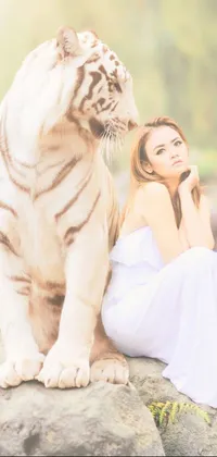 This phone live wallpaper features a stunning image of a woman sitting on a rock next to a beautiful, majestic white tiger