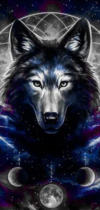 This phone live wallpaper presents a powerful wolf against a stunning space art backdrop