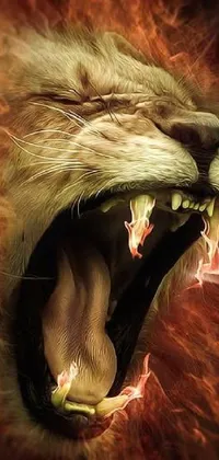 This phone live wallpaper features a close-up of a roaring lion with a fiery background