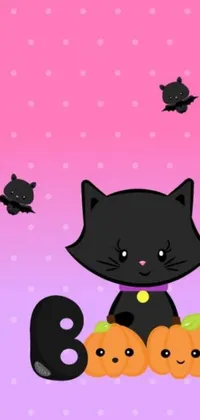 This mobile live wallpaper showcases a delightful black cat perched atop a stack of pumpkins, illustrated in colorful vector art