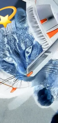 This phone live wallpaper features a blue feline laying on top of a laptop and digital art designed in furry style with orange details