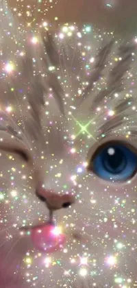Bring a touch of magic to your phone with this stunning live wallpaper featuring a close-up shot of a white cat with blue eyes
