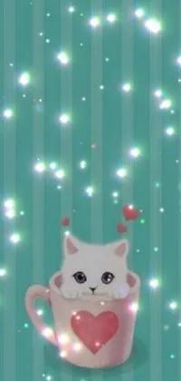 This live wallpaper features a charming image of a white cat sitting in a cup, surrounded by glittering stars and a soft glow filter adding a dreamy touch