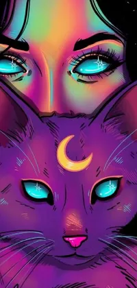 This mesmerizing phone wallpaper showcases a digital painting of a woman holding a cat in front of her face against a dark neon colored universe