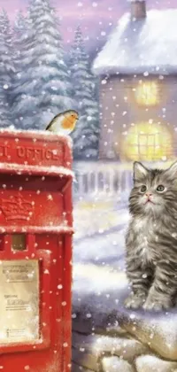 This phone live wallpaper features a delightful painting of a cat and post box