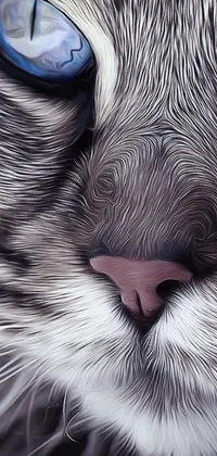 This live wallpaper showcases a colorful and intricate digital painting of a cat with blue eyes, rendered in a unique generative art style