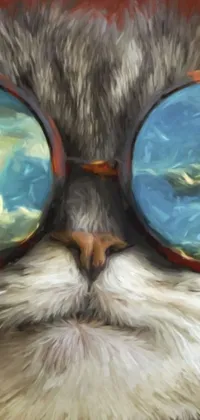 This phone live wallpaper features a photorealistic painting of a majestic cat wearing sunglasses, painted in the style of Jean-Léon Gérôme