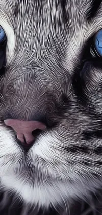 This phone live wallpaper features a stunning digital painting of a mesmerizing cat with blue eyes