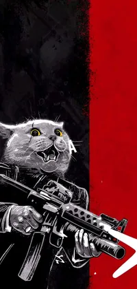 This striking live wallpaper for your phone features a black and white hand-drawn image of a confident cat holding a gun