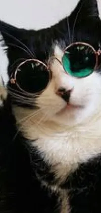 Enjoy the coolest, most stylish phone live wallpaper featuring a black and white cat wearing green sunglasses on a soft pastel background