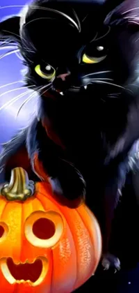 This phone live wallpaper showcases a striking black cat sitting on a vibrant orange pumpkin