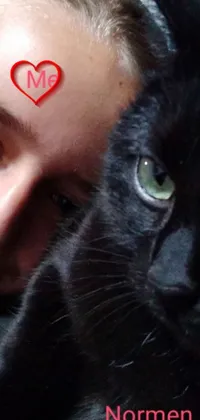 This captivating live wallpaper features a young woman holding a black cat with a heart on its forehead