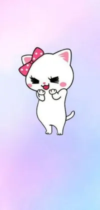This cute and playful live wallpaper depicts a white cat with a pink bow on its head in a charming cartoon style