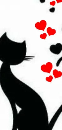 This live wallpaper showcases a charming black feline, surrounded by hearts, as is characteristic of love