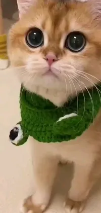 Looking for the purr-fect phone wallpaper? Look no further than this trendy kitty live wallpaper! Featuring an adorable cat with big eyes and a green scarf, it's the perfect addition to your home screen